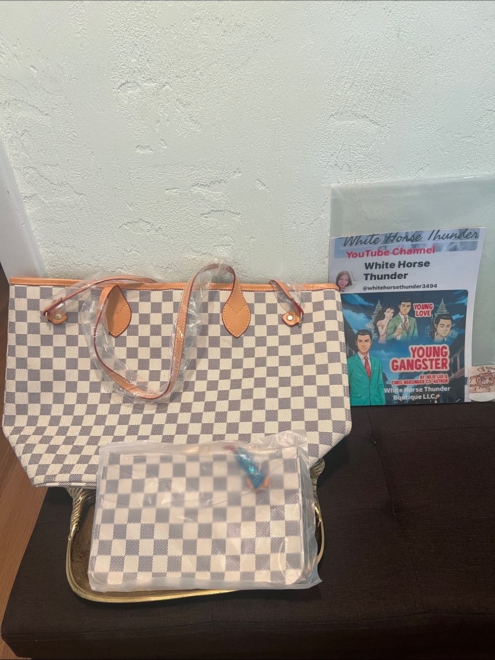 #2209”12x19” Yuxiang PijuW/Pouch”6x-10 inspired White/Gray Checkered Tote Bag - Picture 7 of 17
